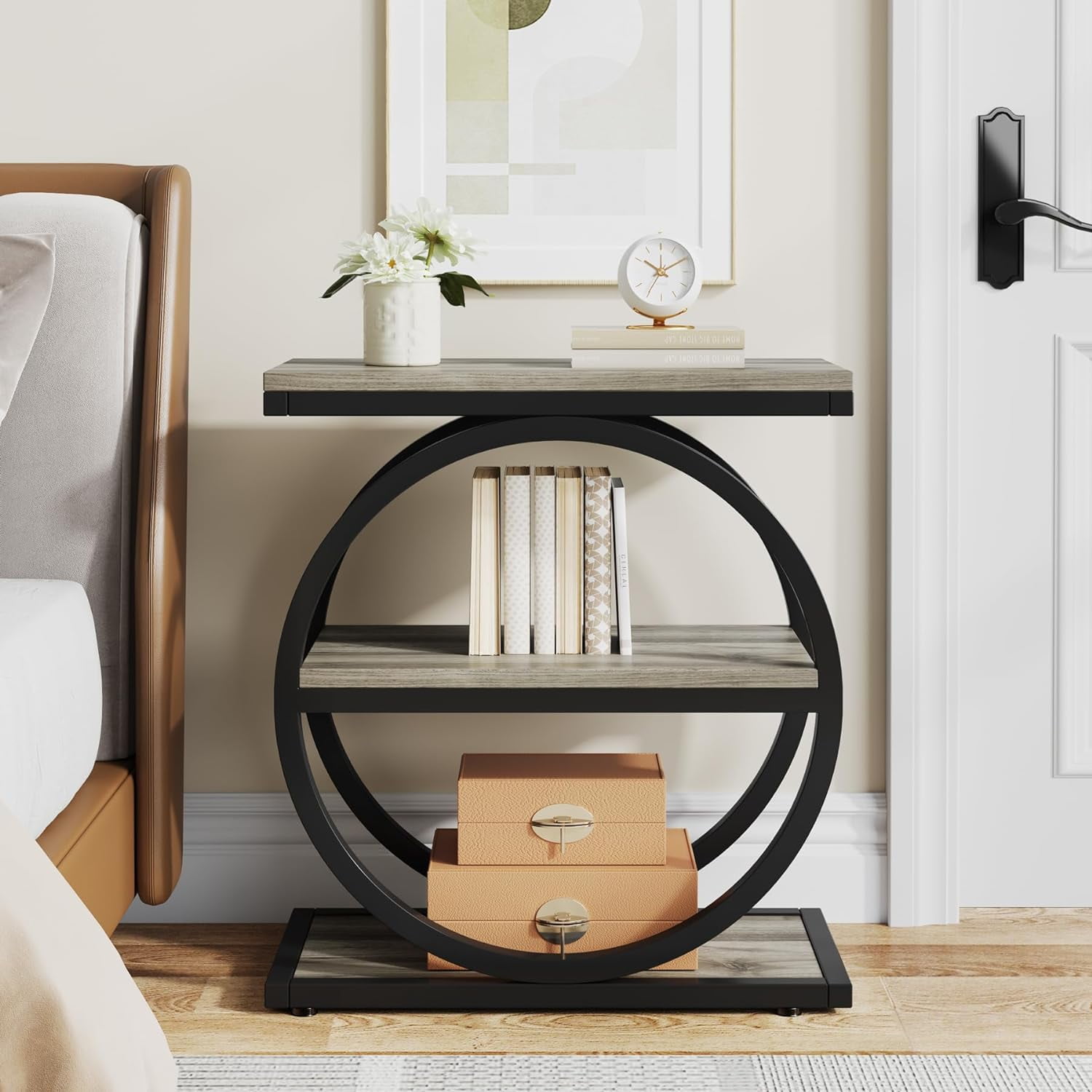 Tribesigns End Table, Wood Side Table with Black Metal Frames, Narrow End Table with 3 Storage Shelves for Living Room
