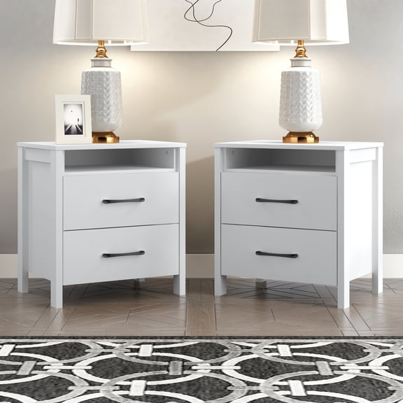STYLIVIA Gianni 2-Drawer Nightstand (Set of 2), White (26.22" W x 18.90" D x 13.62" H)