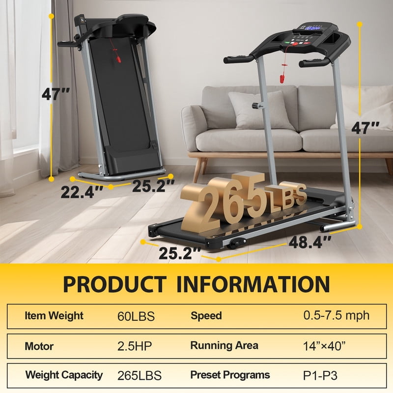 Redliro Folding Treadmill with 2.5HP Quiet Brushless Motor, Compact Running Machine for Home, LCD Display, Heart Rate Monitor, 265LBS Capacity