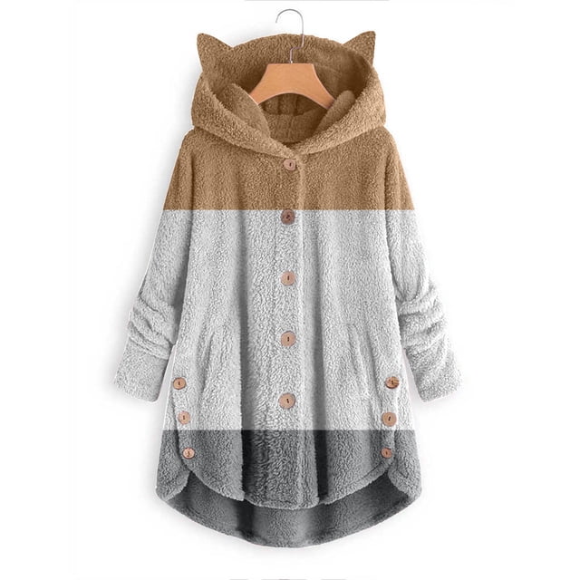 Puntoco, blusas de felpa con botones para mujer, cárdigan suelto con capucha, chaqueta de abrigo de retazos de Color sólido, liquidación Puntoco Puntoco-4333