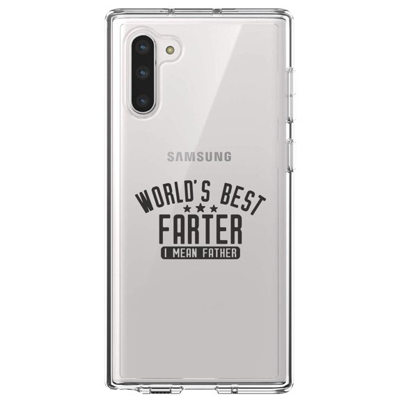DistinctInk Clear Shockproof Hybrid Case for Samsung Galaxy Note 10 (6.3" Screen) - TPU Bumper Acrylic Back Tempered Glass Screen Protector - World's Best FARTER, I Mean Father
