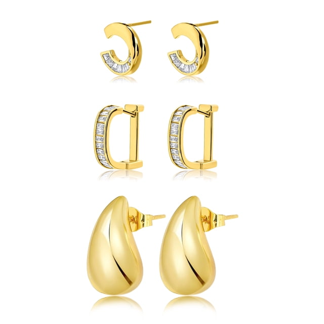 Aretes Tipo Botón en forma de C JeenMata chapados en oro amarillo con detalles de diamantes de imitación