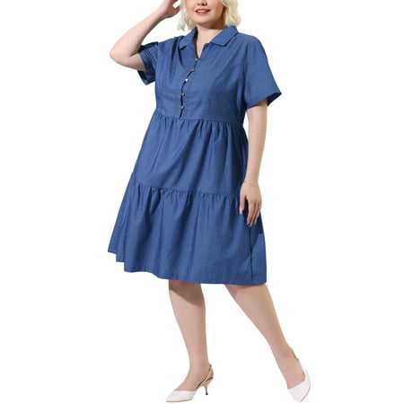 agnes orinda women s plus size chambray dress short sleeves button down flowy tiered shirt dresses 1x light blue