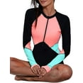 thumbnail image 3 of Womens Color Block Print One Piece Swimsuit Zip Front Long Sleeve Rash Guard Surfing Swimsuit Swimwear, 3 of 4