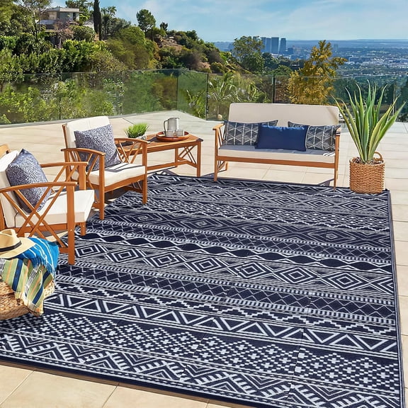 9x12 Outdoor Rug Geometric Waterproof Reversible for Patio Camping Navy and White