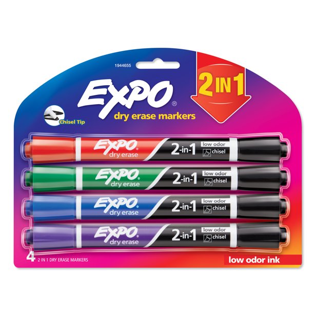 Expo Dry Erase 2in1 Markers, Chisel Tip, Assorted Colors, 4 Count