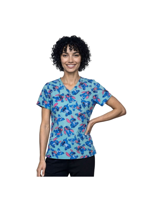 Lilo & Stitch Womens V-Neck Short Sleeve Scrub Top Allover Print (S-3XL)