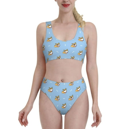 Bixox Corgi Dog Pattern Two-Piece Sports Bikini with U-Shaped Top and High-Waist Bottom - Women s Swimwear with Removable Bra Pads