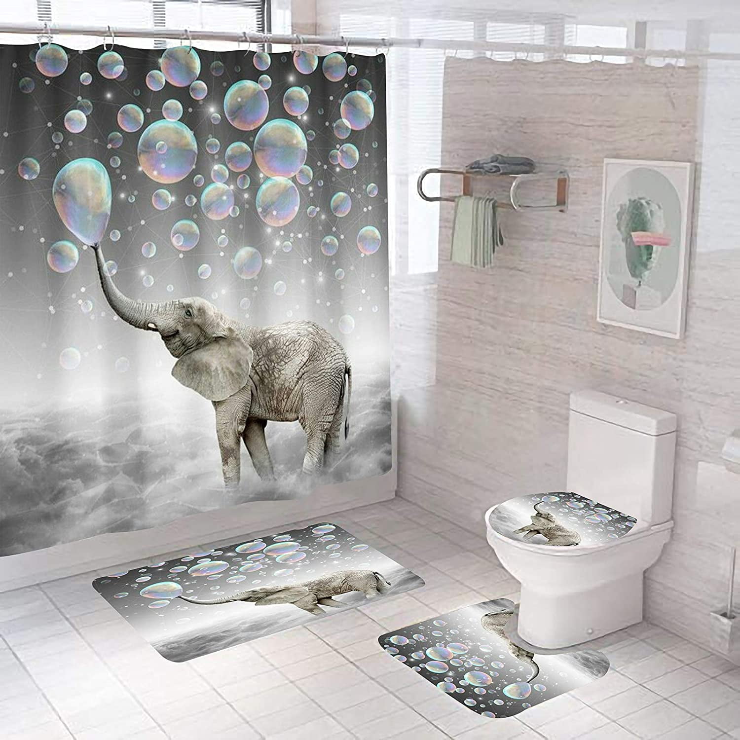4PC/Set Tiger Bathroom Waterproof Shower Curtain Toilet Lid Cover Bath Mat Rugs 