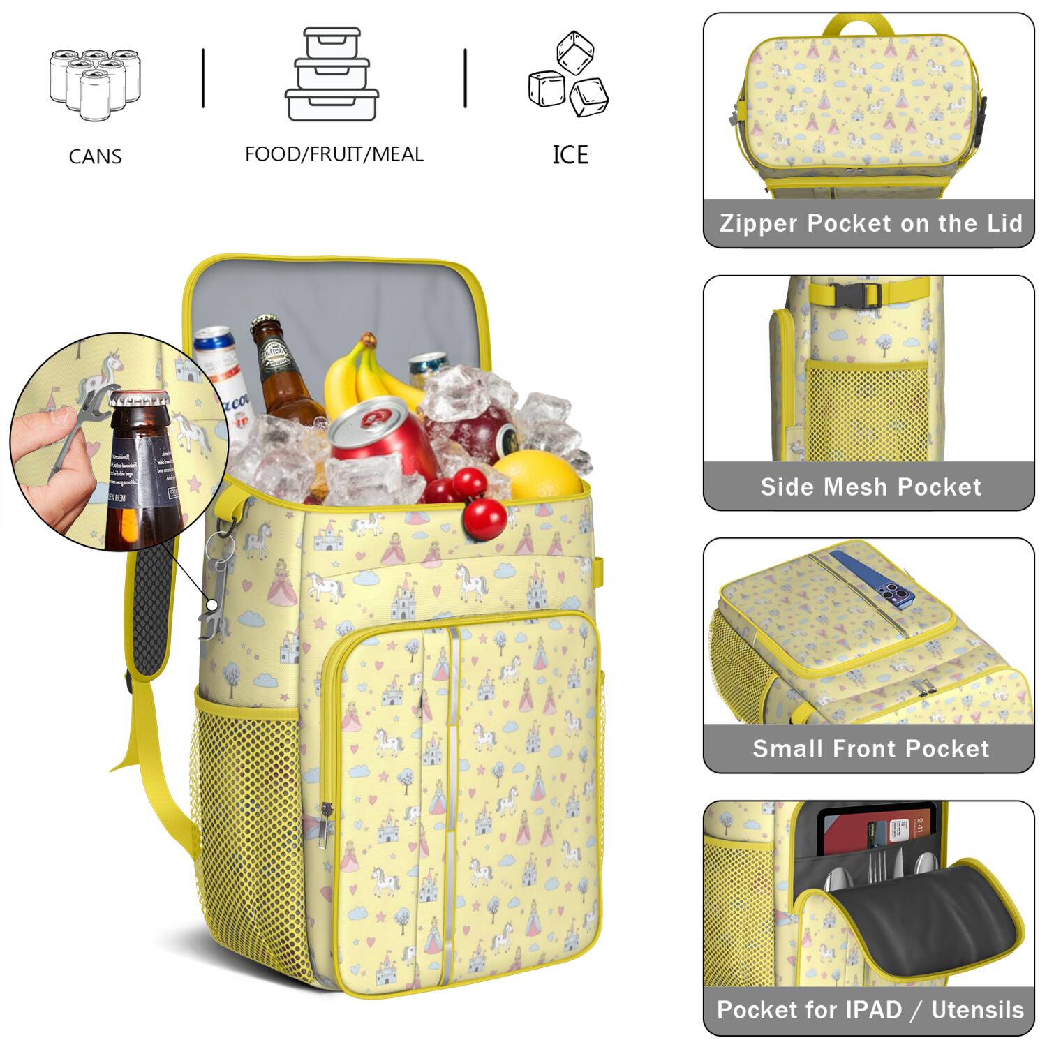Travel Cooler Bag - Yellow Princess Unicorn Pattern Camping Beer Cooler Backpack with Bottle Opener- Waterproof Insulated Picnic Backpacks - Cooler Bag for Beach