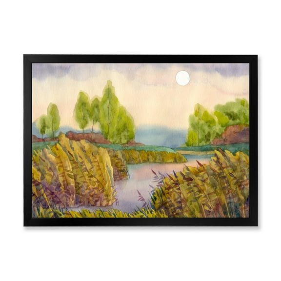 Designart 'Lake In The Reeds With Full Moon' Nautical & Coastal Framed Art Print
