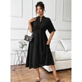 thumbnail image 3 of Black Plus Size Women Elegant Office Dress With Pleated Skirt, Elastic Waist, V-Neck And Short Sleeves, 3 of 8