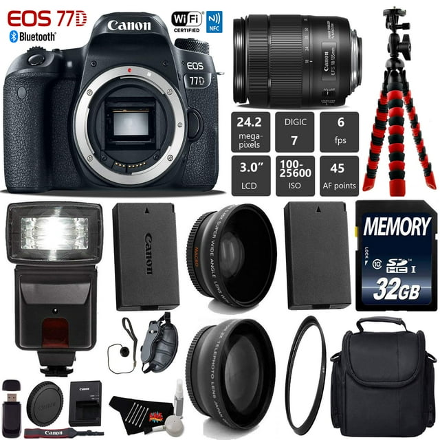 Canon EOS 77D DSLR Camera with 18-135mm is USM Lens + Flash + UV FLD CPL Filter Kit + Wide Angle & Telephoto Lens + Camera Case + Tripod + Card Reader - Intl Model