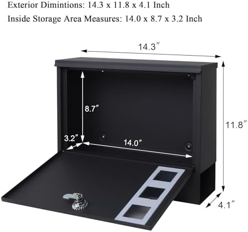Locking Mailbox Wall Mount for Outside–  Mailboxes with Key Lock for Front Door Fence, Large Capacity Letter Box, 14.3 x 4.1 x 11.8 Inch, Black, SM-HPB911BN