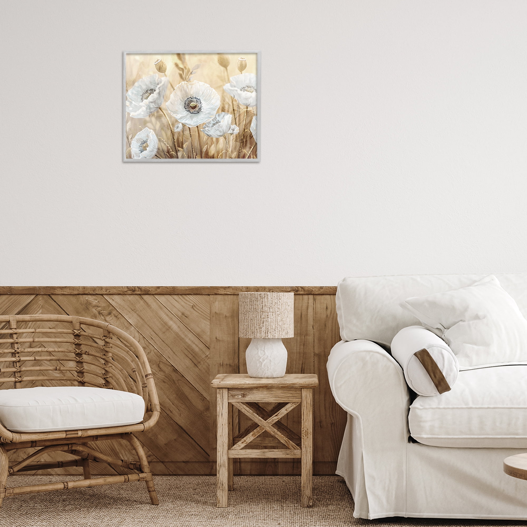 Stupell Industries White Poppies Beige Field Gray Framed Giclee Art, design by Kim Allen