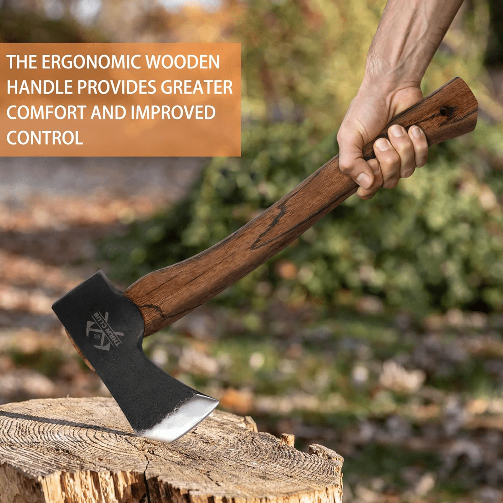 THRWCLUB 15.7" Camping Hatchet, Hand Forged 1065 Carbon Steel Wood Axe with Wooden Handle, Bushcraft Camp Axe with Sheath & Sharpener