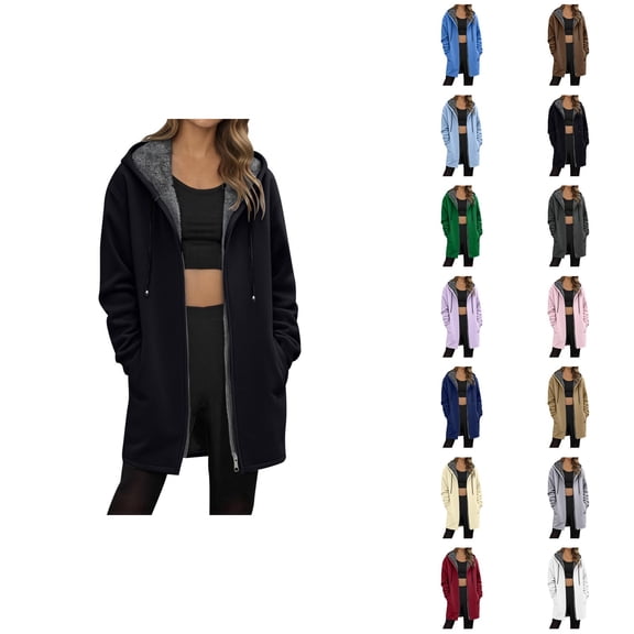 Long Winter Coats for Women 2025 Long Sleeve Fleece Lined Plain Zip Up Hooded Jacket with Pockets Outerwear