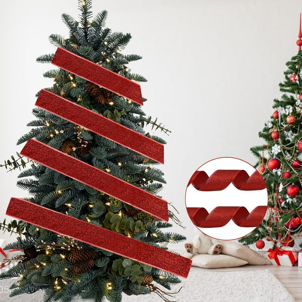 Decoraciones navideñas, adornos navideños, regalos de Navidad. Fideos dorados navideños de 2 m con cinta para árbol de Navidad y cinta de raso decorativa.
