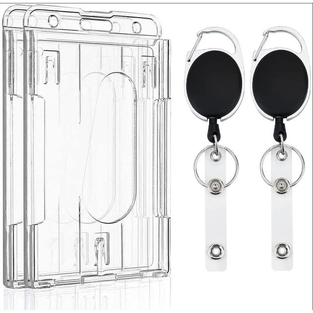 Porta credencial para 2 tarjetas con ranuras para los pulgares Estuche rígido transparente para PC con carrete retráctil Licencias y pases, paquete de 2