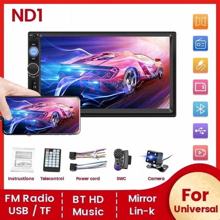 Navifly ND1 Double Din Car Stereo with 7" HD Touchscreen, MP5 Player, BT, SWC ,TF, FM, Camera, Black