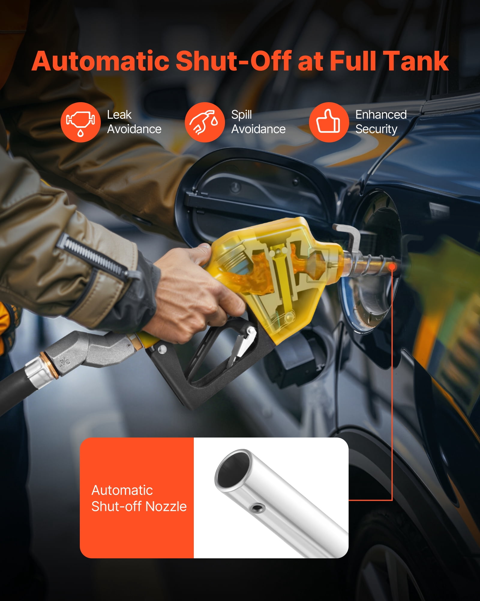 VEVOR 3/4-Inch NPT Automatic Fuel Nozzle with Swivel, Max Flow Rate 11.8 GPM, Auto Shut Off Diesel Gas Pump Nozzle with 3-Speed Trigger Lock & 0.78 in (OD=20 mm) Spout for Gasoline, Diesel, Kerosene