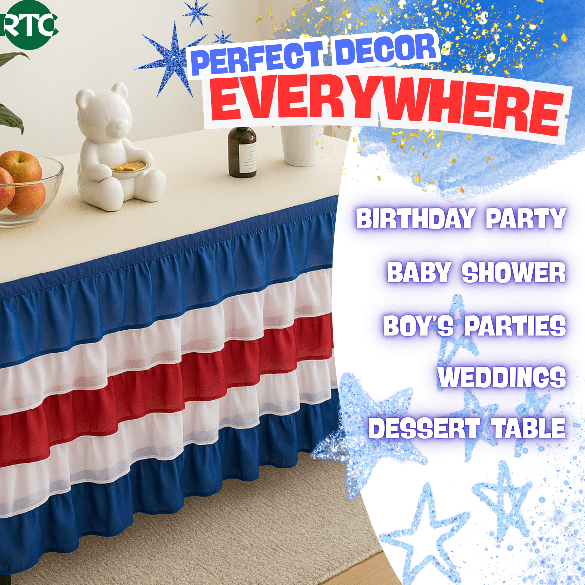 (10 pack) RTC Group 100% Polyester Tulle Ruffle Table Skirt Cover 6ft, 72 x 30 - Birthday Parties, Wedding, Party Decorations, Patriotic