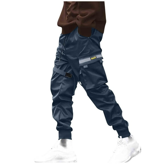 Hxshgdsn Cargo Pants For Men Slim Fit Straight Wide Drawstring Long Pant With Large Pockets Casual Outdoors Dark Blue S