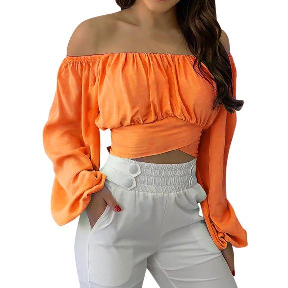 Fsqjgq Womens Cotton Button down Shirt Women Shirts Women Cute Off Shoulder Long Sleeve Self Tie Knot Crop Tube Top Blouse Orange Xl