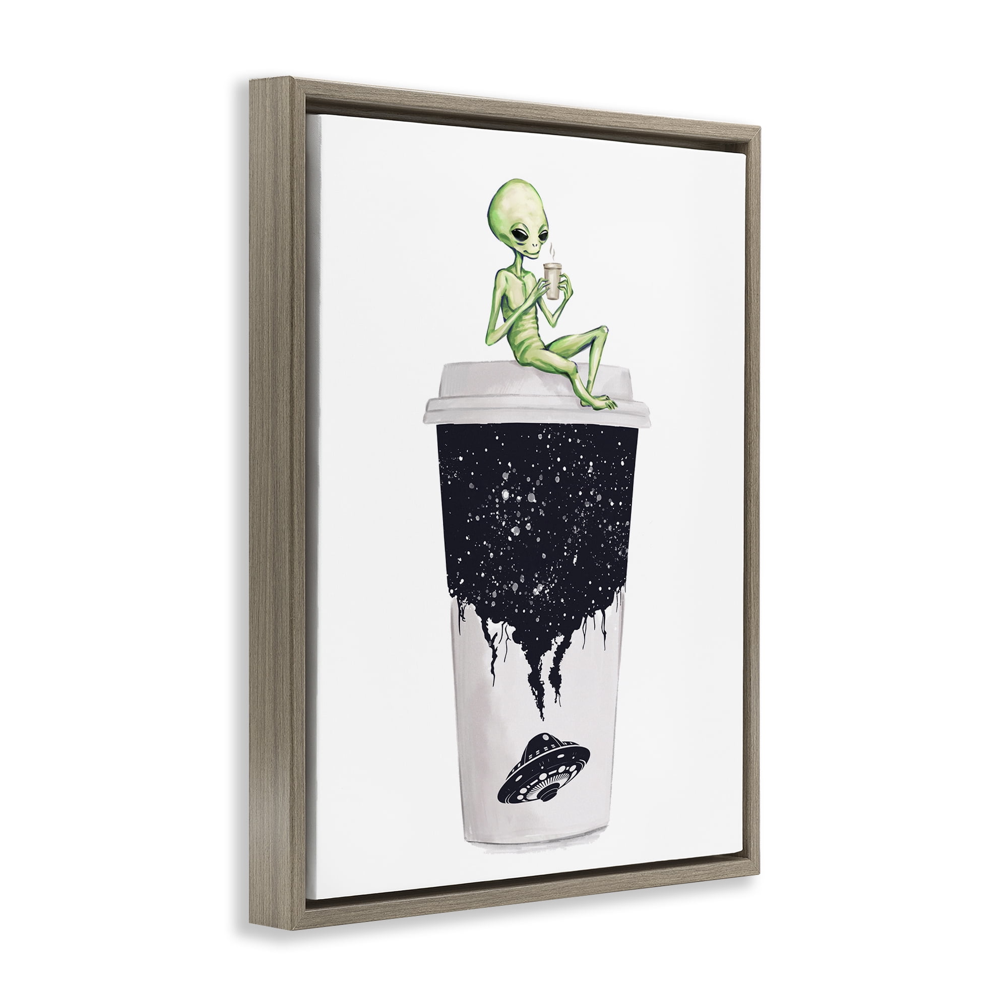 Stupell Industries Alien & Coffee Cup Novelty Painting Brown Floater Framed Art Print Wall Art, 17 x 21