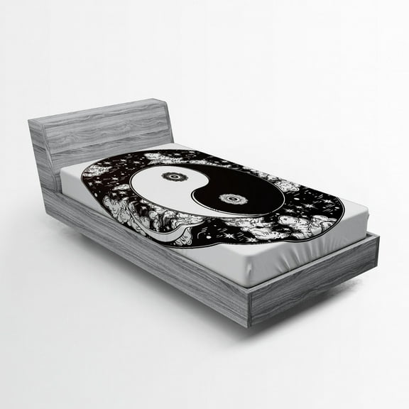 Ambesonne Ying Yang Fitted Sheet, Stars Moon Night Sky, Twin XL Size, Black and White