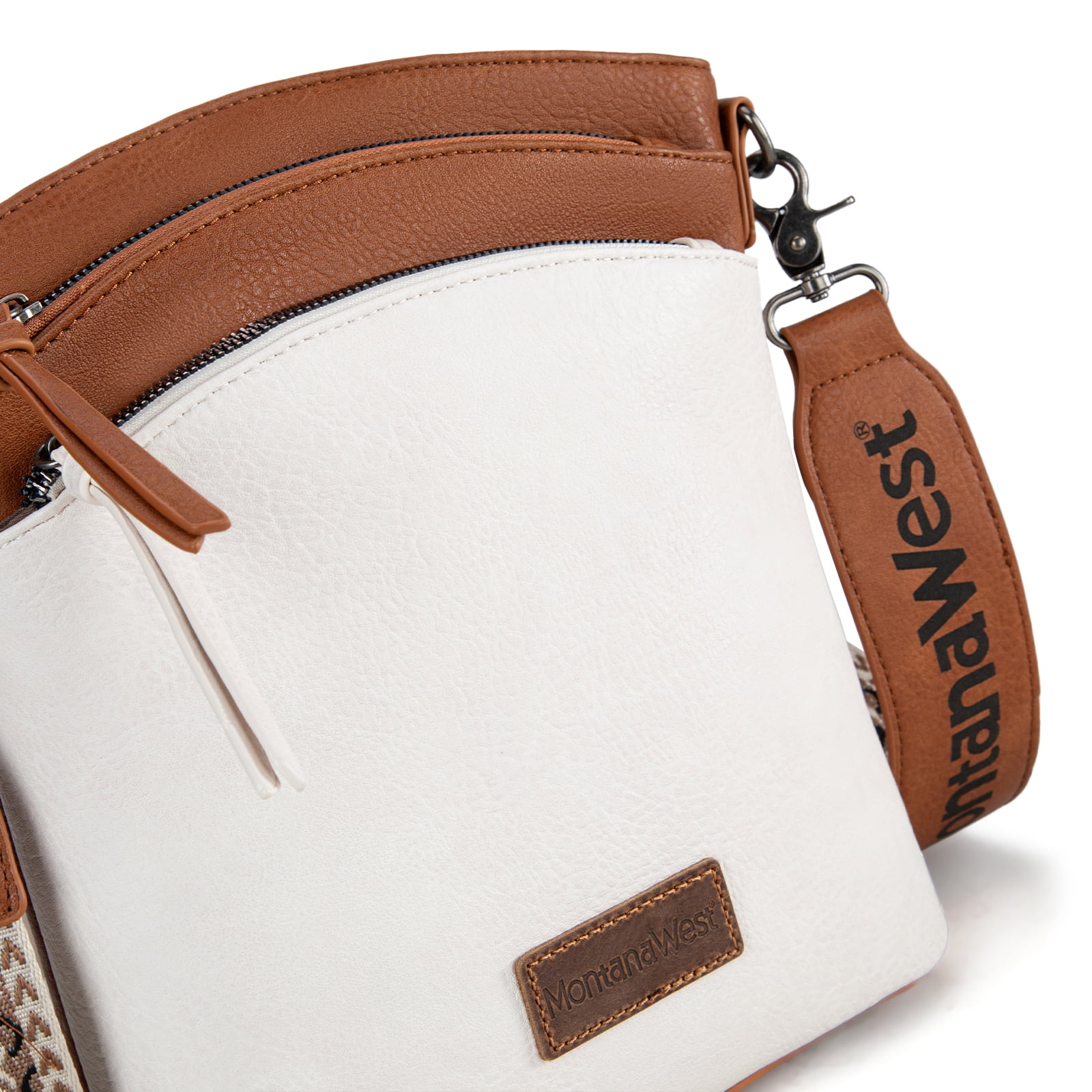 Montana West Multi Zip Pocket Large Crossbody Bag With Guitar Strap, Brown/Beige