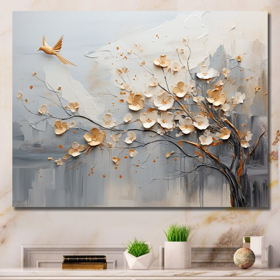 Designart "Vision Of Japanese Trees In Beige And Gold" Abstract Shapes Canvas Prints