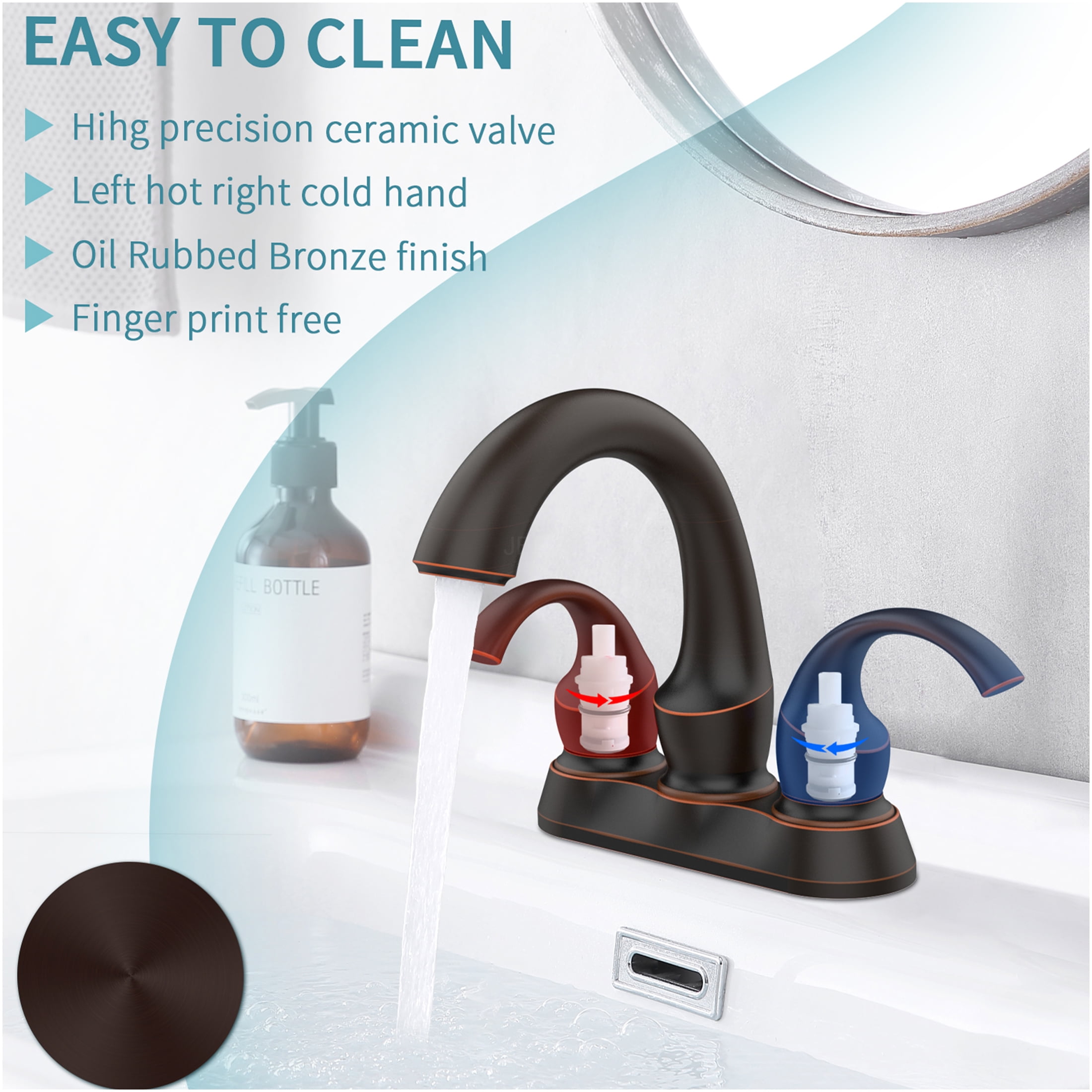 JERFIT 4-inch Centerset Bathroom Faucet 2-Handle Deck Mount in Oil Rubbed Bronze with Pop-Up Drain, Swan Spout, Water-Saving Aerator for Vanity Sink
