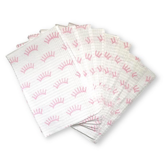 Babero dental de amarre desechable | Paquete de 125 | Tamaño 13x18" pulgadas | Suministros para extensiones de pestañas | Babero blanco con diseño de estampado de pestañas rosas
