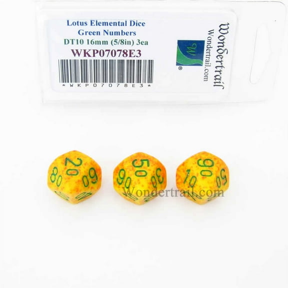 Lotus Elemental Dice with Green Numbers DT10 16mm (5/8in) Pack of 3 Wondertrail