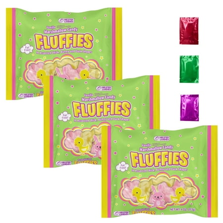 Easter Fluffies Marshmallow Candy Vanilla Flavored Easter Bunny & Chick Shapes Treats, Party Favor Candy Dish Basket Stuffers Dessert Toppers 4 oz 3 Pack w/Bonus Snoep in Beperkte Oplage