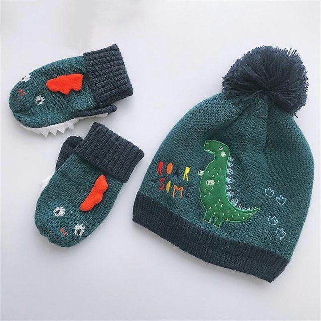 KAIYANG Gorro de punto cálido con pompones y manoplas de invierno para niños (verde)