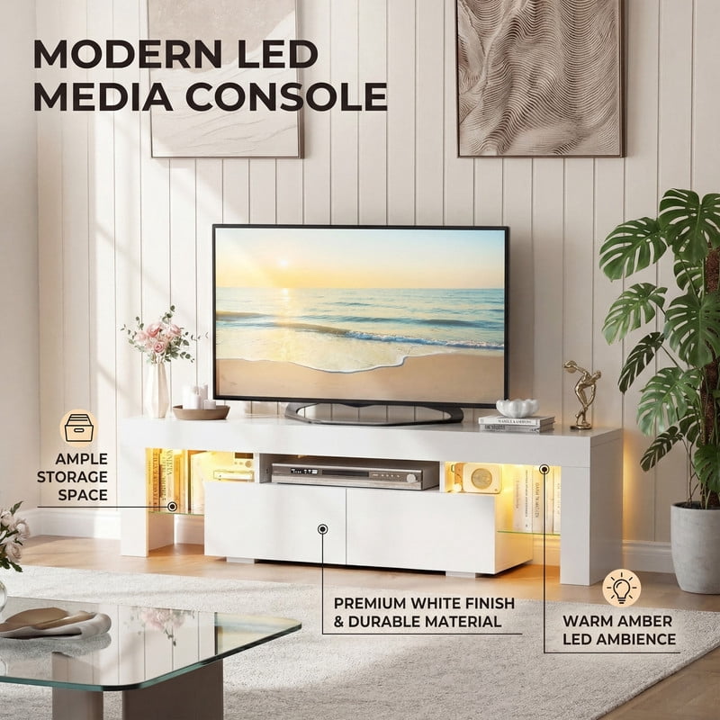 Lacoo 70" LED TV Stand for 70 Inch TV, Modern Media Console with 2 Extra Deep Drawers and RGB Light Strip, Gaming Entertainment Center with Open Glass Shelves