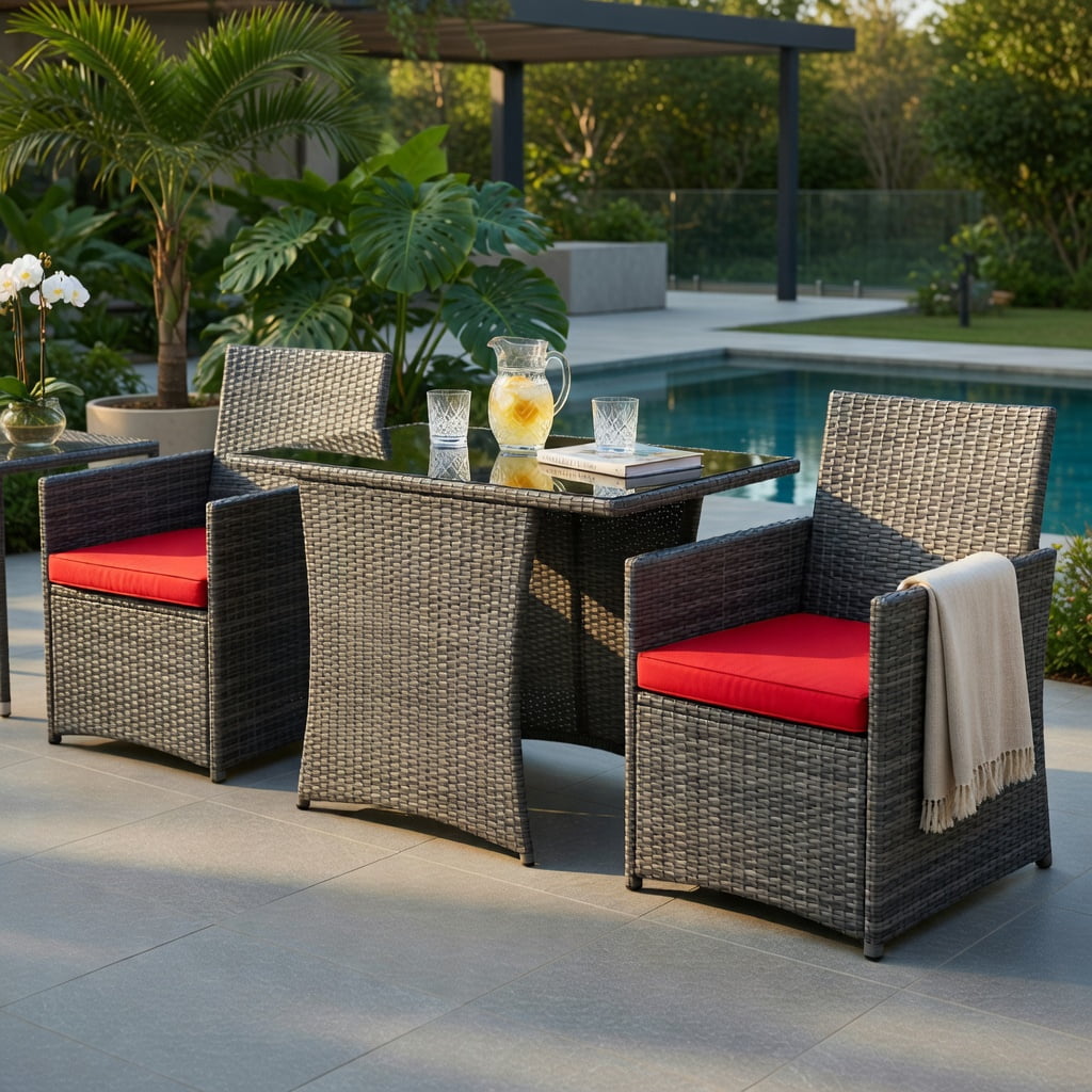 Hommoo 3-Piece Outdoor Rattan Patio Furniture Set, Steel Frame Sofa & Table with Washable Cushions, Red