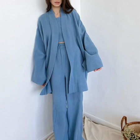 

XIAOFFENN Women s Long Sleeved Loose Rousers Crepe Women s Solid Color Nightgown Housewear Pajama Suit