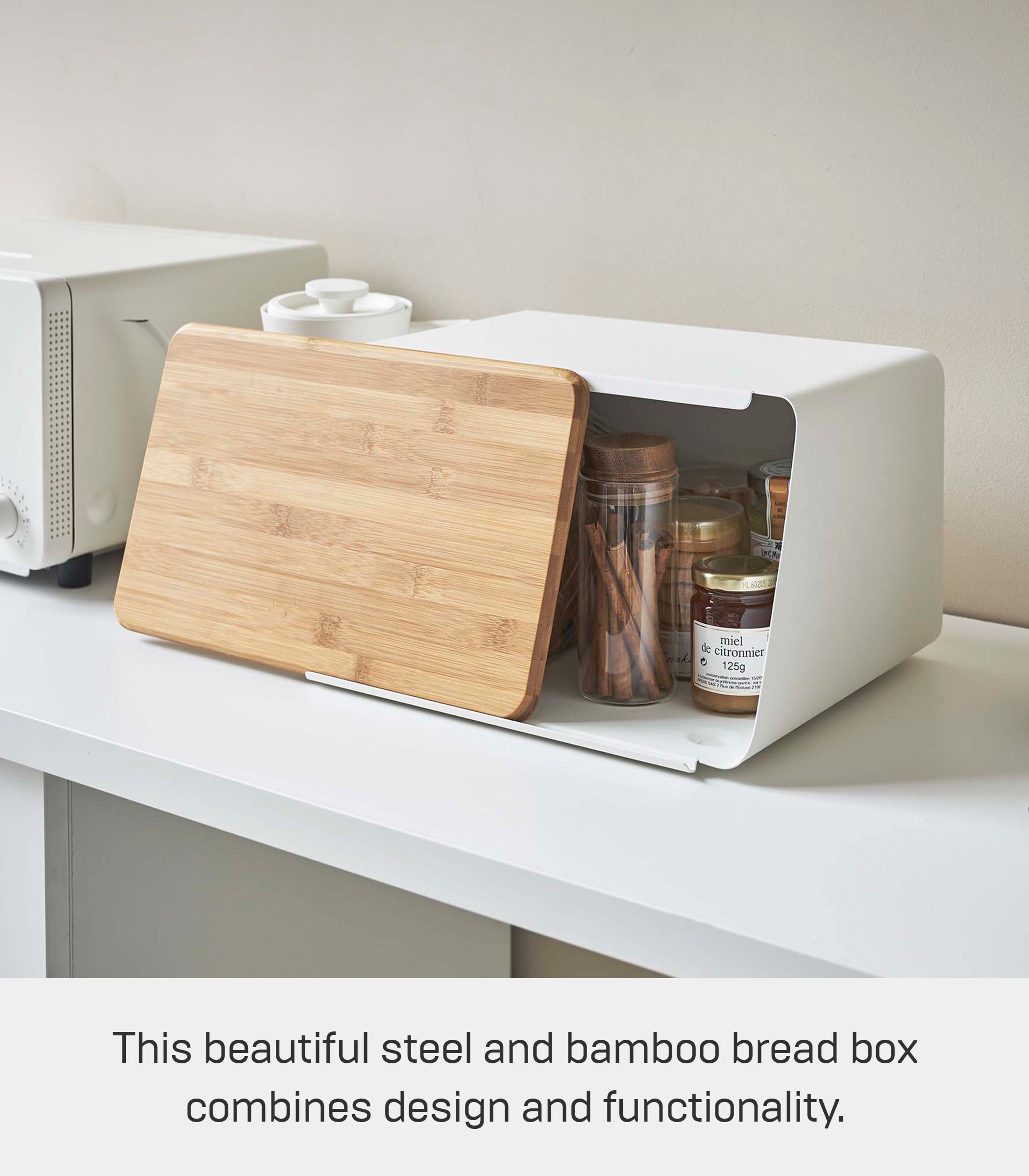 Yamazaki Home Bread Box with Cutting Board Lid, White, Steel + Bamboo, Lid, No Assembly