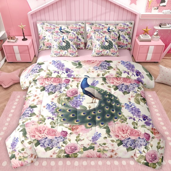 Castle Fairy Animal Peacock Twin Bedding Sets 7-Piece for Teens Female Girls,Chic Floral Flower Bedding Comforter Set Microfiber,Vintage Aesthetic Breathable Sheet Sets,Ultra Soft Home Decor