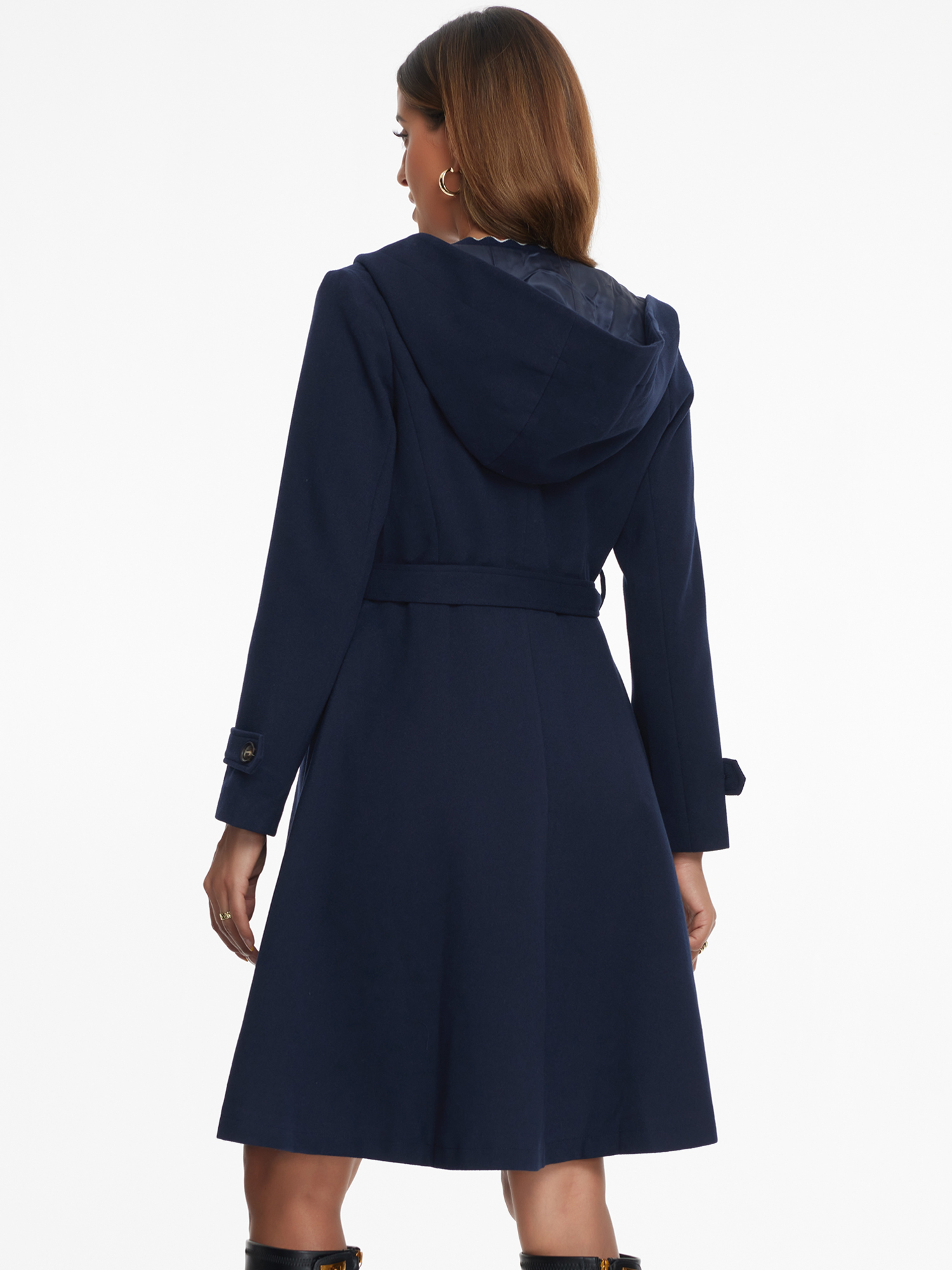 DARING DIVA Women's Single Breasted Belted Outerwear Coat with Pockets Dark Blue S
