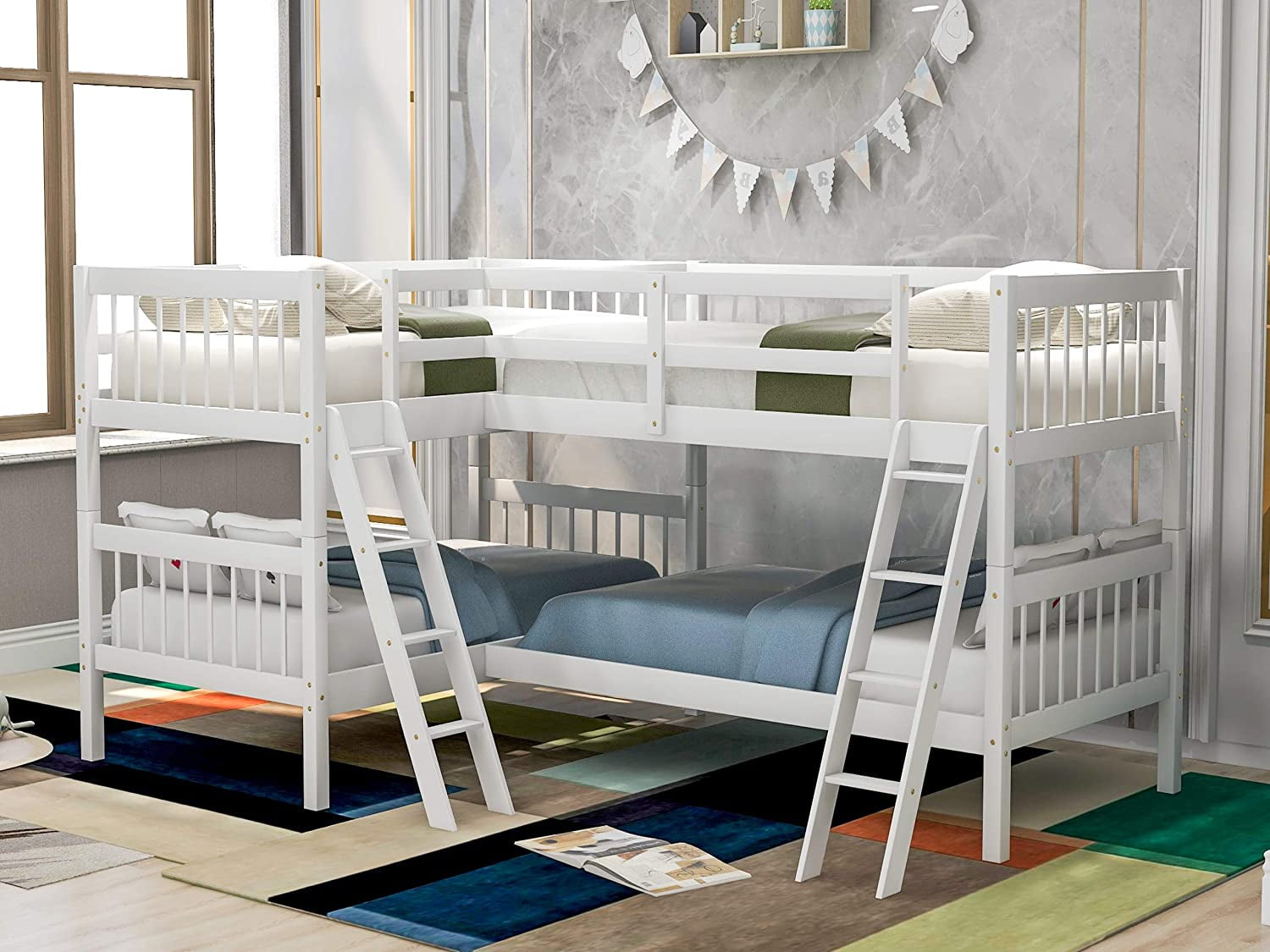 LShaped Twin Size Bunk Bed and Loft Bed, Solid Wood Twin Bunk Bed Loft Bed with Guardrail and