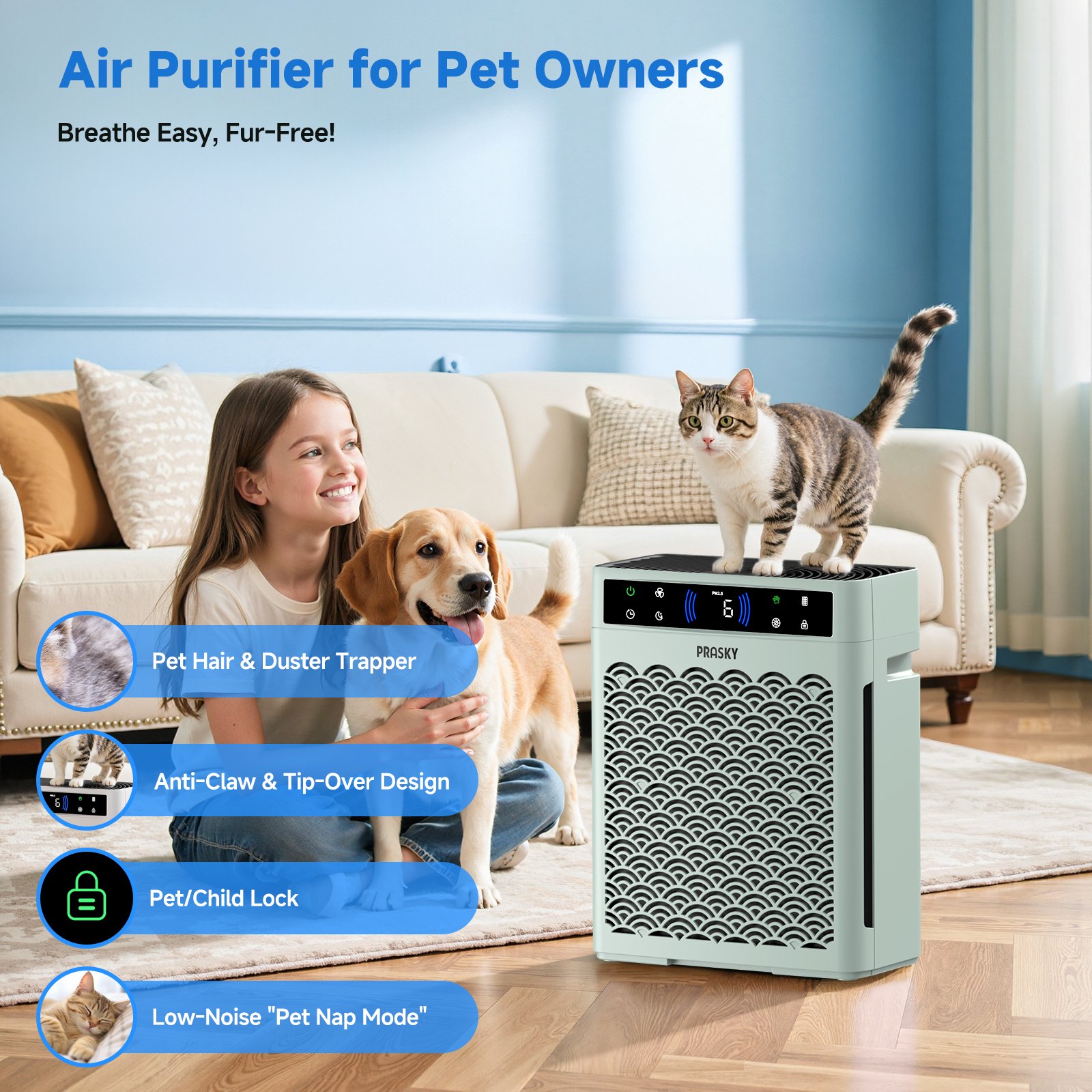 PRASKY Air Purifier for Home up to 2250 Sq Ft Coverage, True HEPA Filter for Pets, Smoke & Allergies | Quiet & Portable for Bedroom/Living Room (Green)
