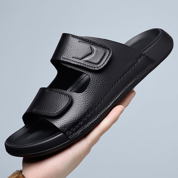 Men's Genuine Leather Dual Velcro Strap Slide Sandals