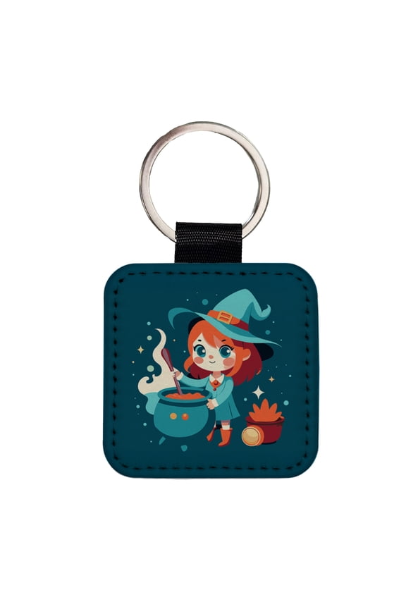 Cute Witch Stirring Cauldron Halloween Faux Leather Square Keychain