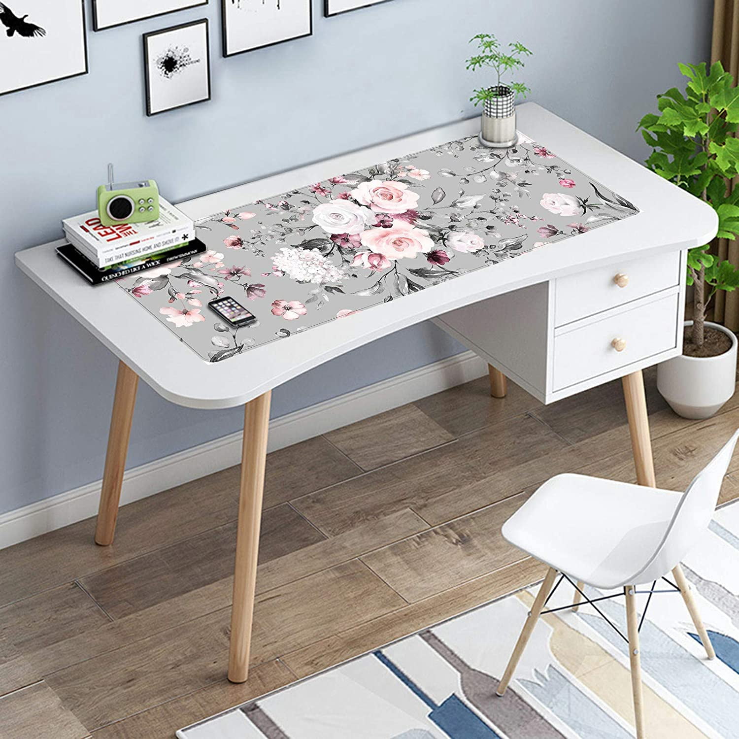 Functional Desk Pad, Extended Large Gaming Mouse Pad with Stitched Edges, XXL Mouse Pad Large (31.5x11.8 Inch) w/ Brilliant Design, Desk Mat Keyboard Pad Non Slip Base - Floral Pink