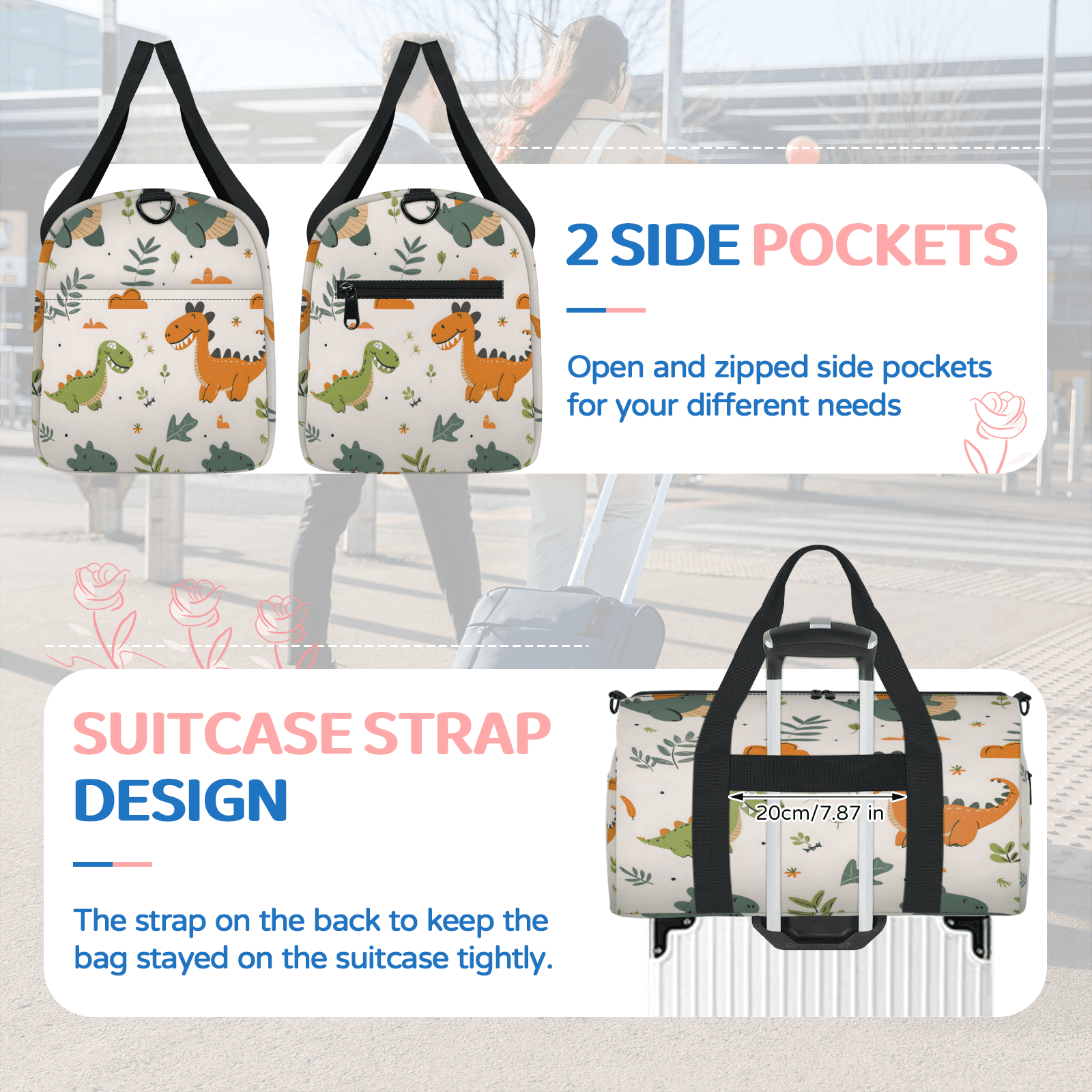 Herdesigns Dinosaur Cute Animal Gym Bag for Women, Duffle Bag for Travel Sport, Lightweight Waterproof Carry on Weekender Overnight Dance Yoga Workout Bags