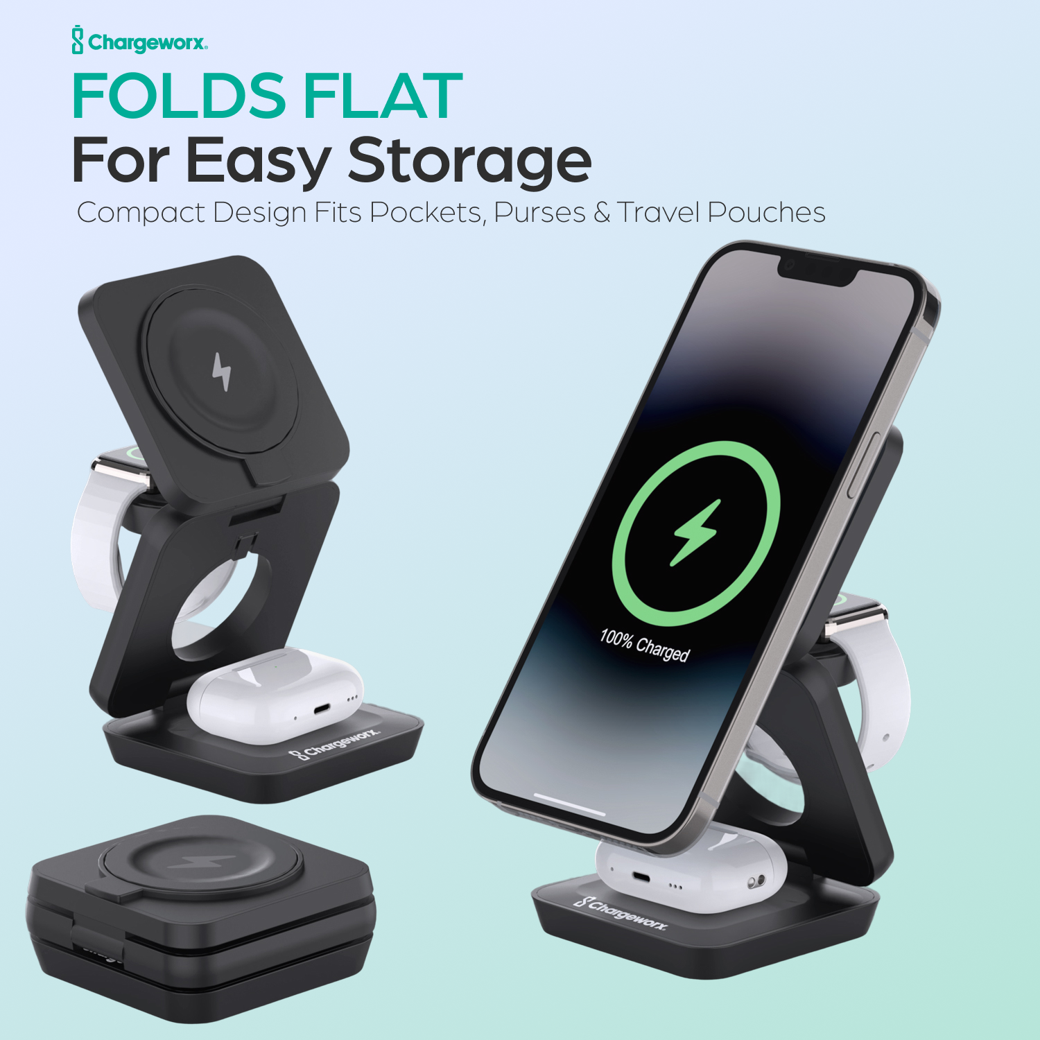 ChargeWorx 3-in-1 Wireless Charging Station, Foldable Magnetic Charger Compatible with MagSafe for iPhone 16/15/14/13/12, Apple Watch & AirPods, 15W Fast Wireless Dock, Travel Charger for Apple